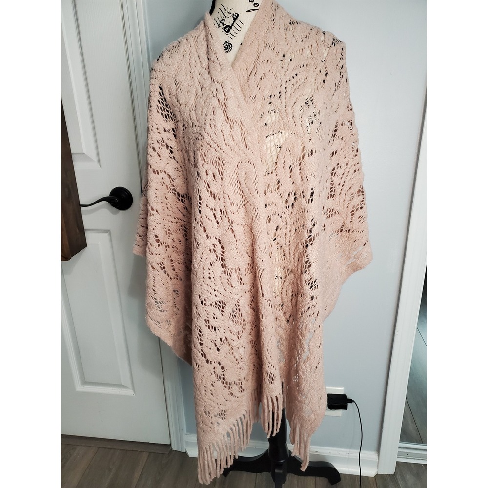 Do Everything in Love Blush Pink Open Knit Fringe Poncho Wrap One Size